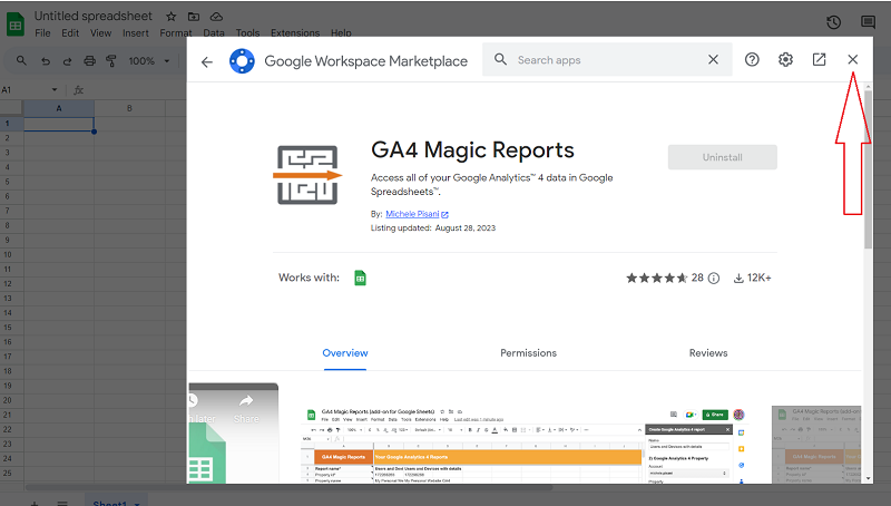google workspace marketplace close button