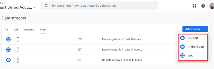 Select the type of data stream
