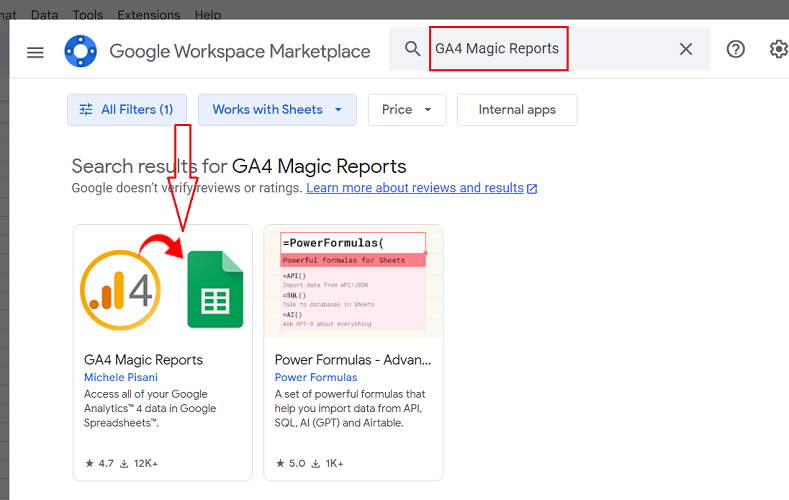 Search for the ‘GA4 Magic Reports app 1