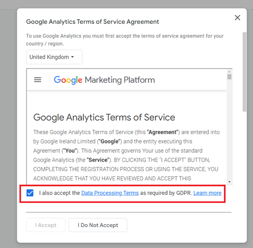 Click on the check box ‘I also accept the Data Processing Terms as required by GDPR