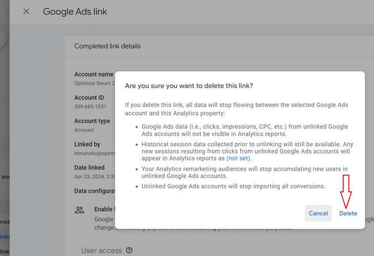 delete google ads links ga4