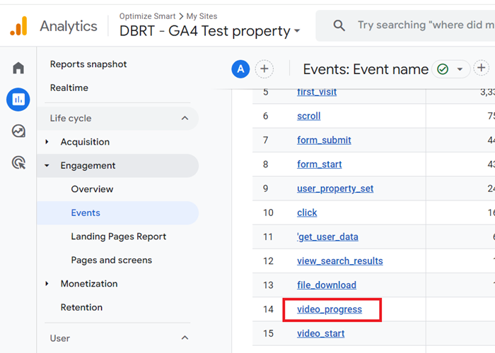 GA4 (Google Analytics 4) Custom Metrics Tutorial 35 Find and click on the ‘video progress‘ event