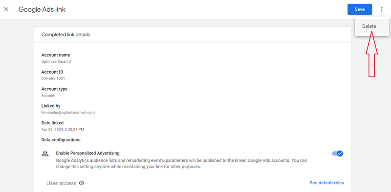 delete google ads links ga