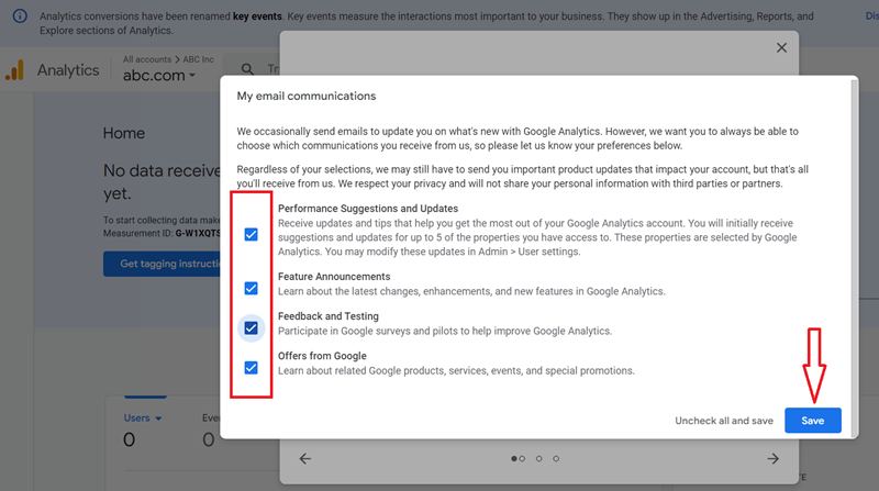 Select your email communication preferences with Google