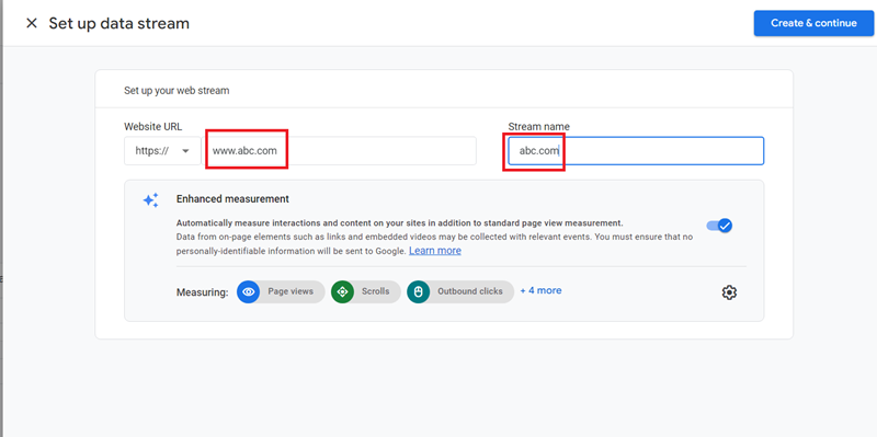 Enter your website URL and webstream name