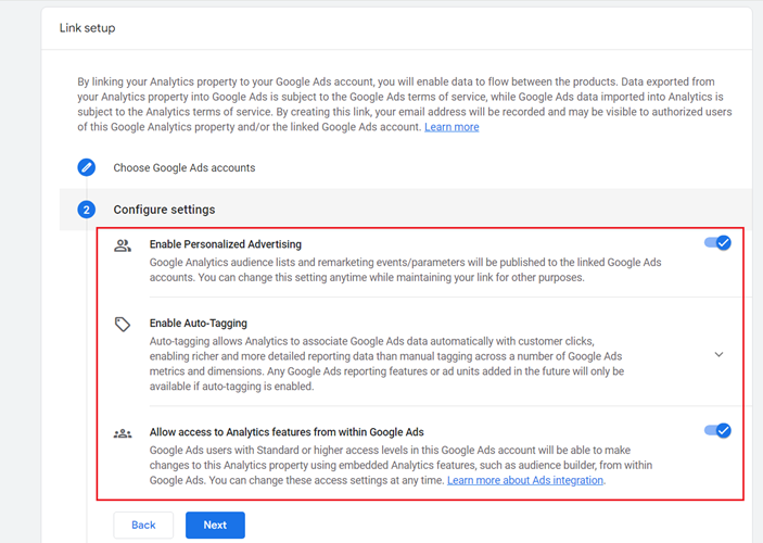 configure settings google ads ga4 linking