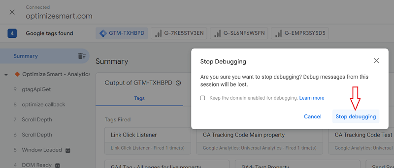 stop debugging google tag assistant