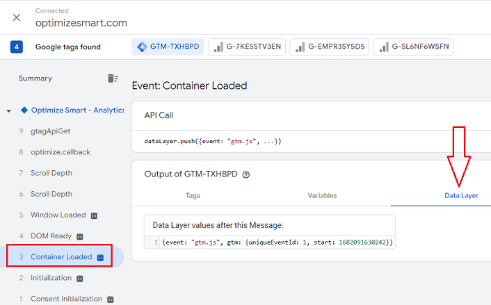 container loaded data layer tag assistant