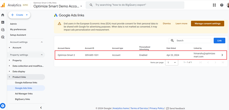 list of all the Google Ads accounts linked to your GA4 property