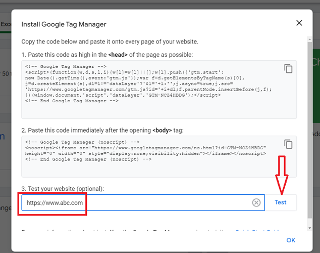 type your website URL and then click on the ‘Test button