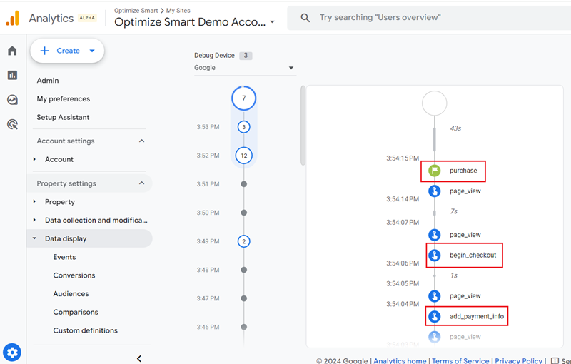 You should now be able to see ‘purchase ‘begin checkout ‘add payment infoand other e commerce events in the ‘DebugView report