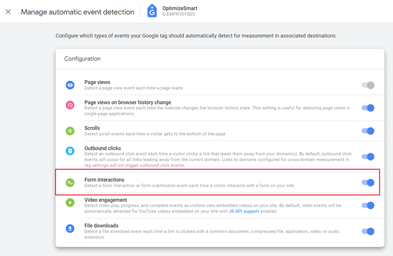 Manage automatic event detection in GA4 9 Manage automatic event detection form interaction