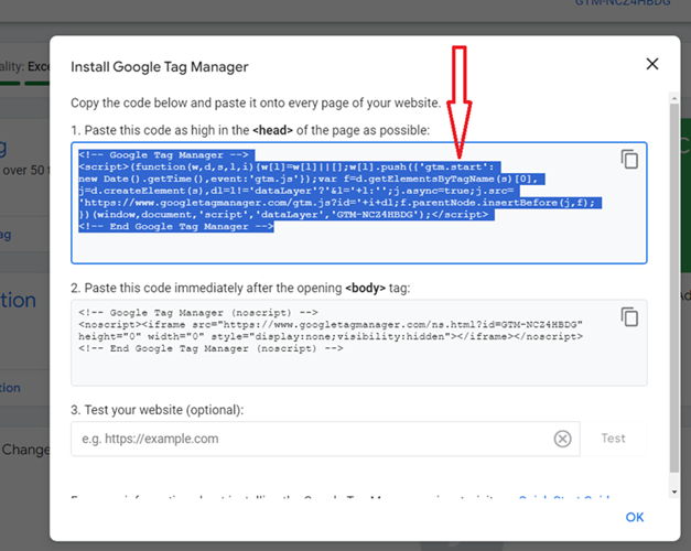 Copy the first part of the GTM container code
