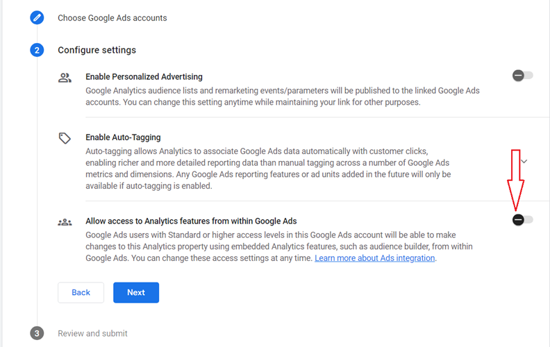 disable Allow access to Analytics features from within Google Ads