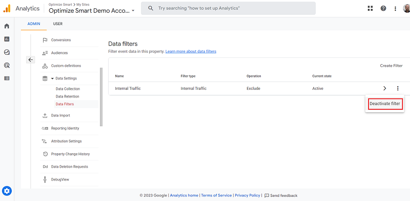 deactivate data filter ga4