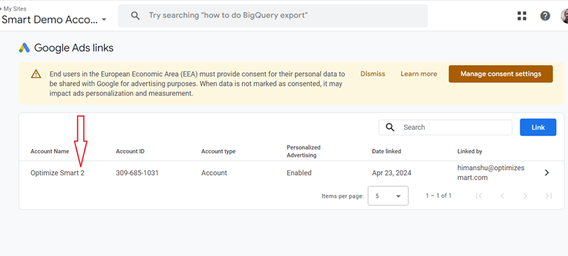 Click on the Google Ads account you want to unlink from your GA4 property