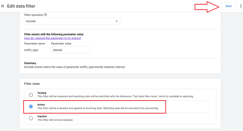 activate internal traffic data filter ga4
