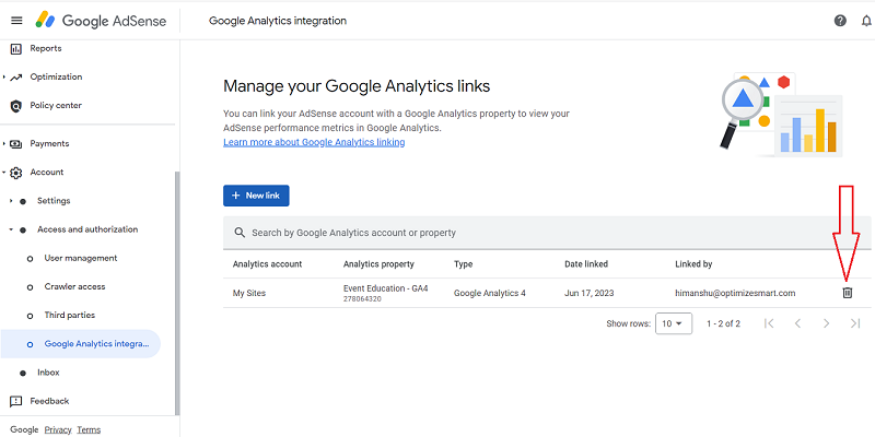 unlink a GA4 property from your Adsense account