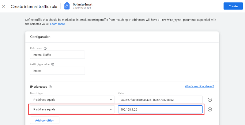 add condition internal traffic rule ga4