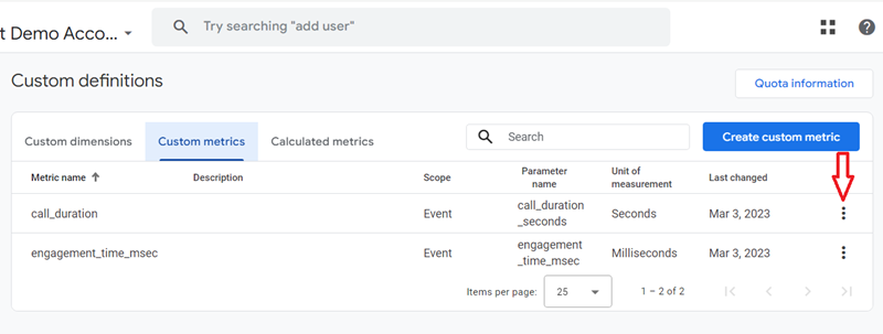 GA4 (Google Analytics 4) Custom Metrics Tutorial 10 Click on the three dots menu next to the custom metric you want to edit