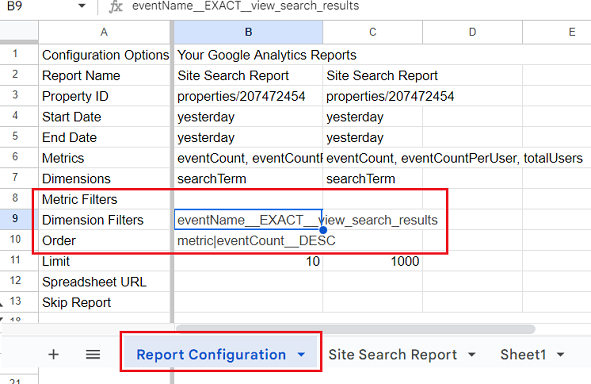 ‘Report configuration tab