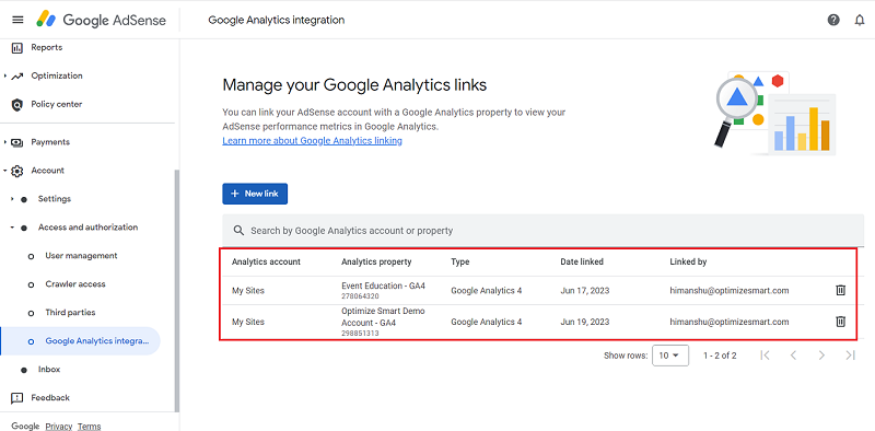 link your Adsense account with multiple GA4 properties