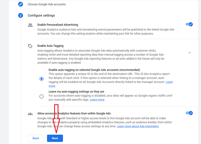 next button ga4 google ads linking
