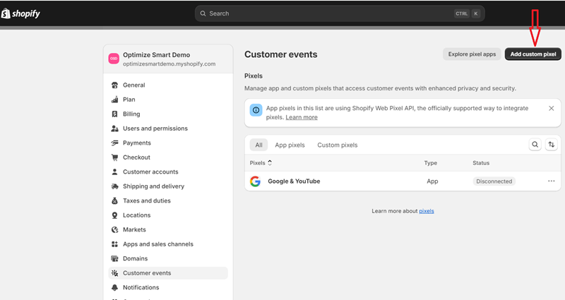 Click on the ‘Add custom pixel button