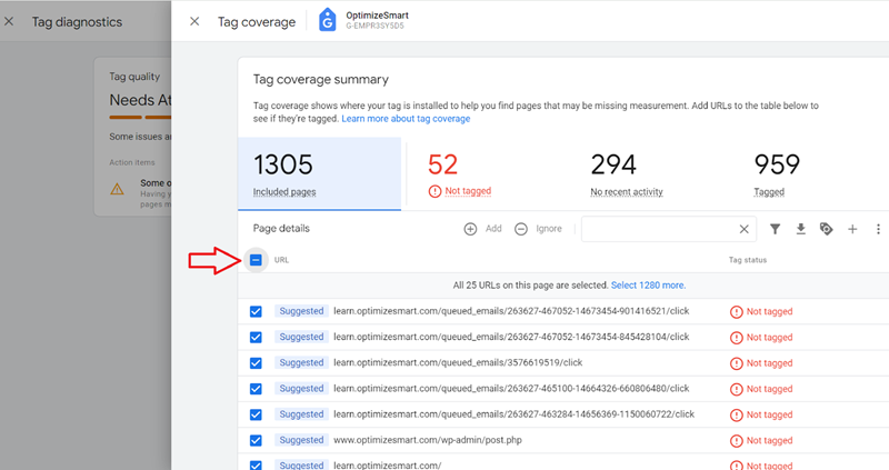 Select all the URLs by clicking on the checkbox under the ‘Included pages tab