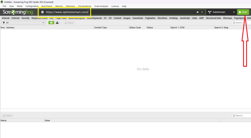 Enter your full website URL and then click on the ‘Start button to start the website crawl