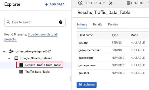 Connect and transfer data from Google Sheets to BigQuery 34 Click on the name of this data table