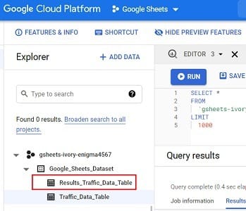 Connect and transfer data from Google Sheets to BigQuery 33 result data table