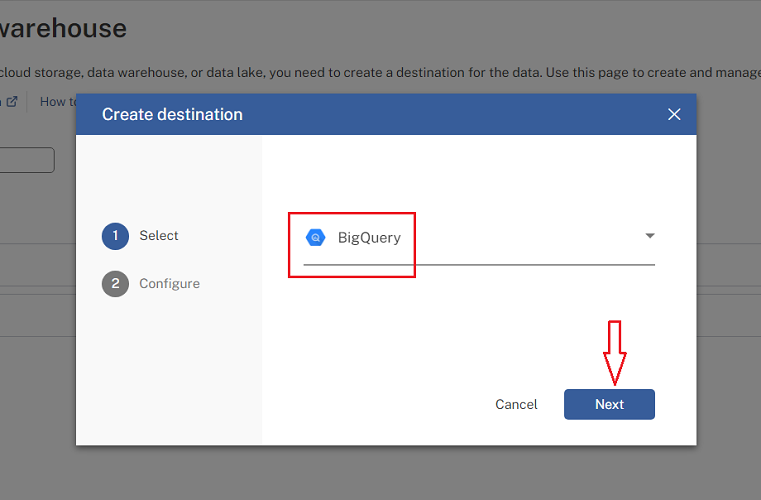 Select ‘BigQuery from the drop down menu