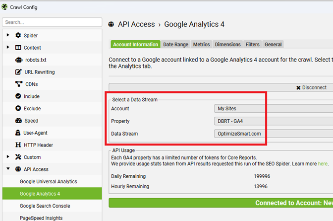 elect the appropriate Google Analytics account GA4 property and data stream