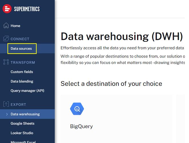Click on ‘Data Sources under ‘CONNECT from the left navigation menu