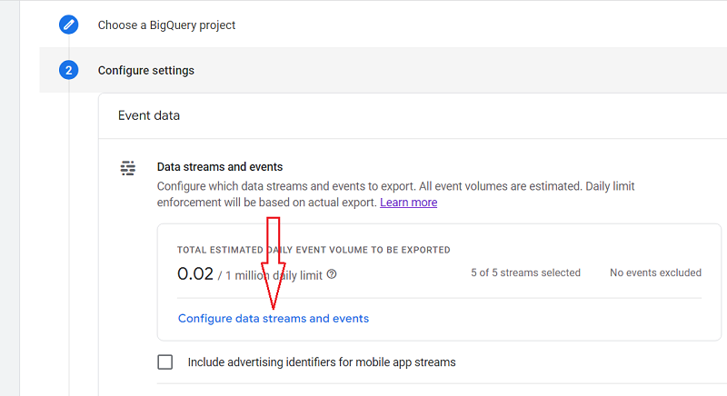 Configure data streams and events 1
