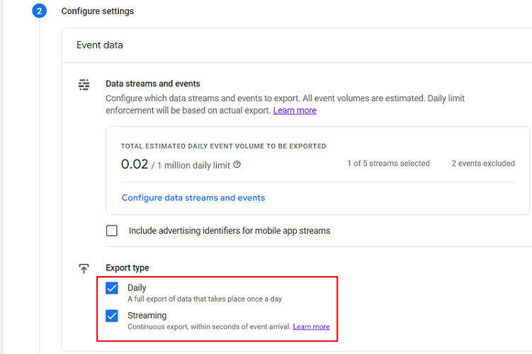Select the frequency of your data import to BigQuery