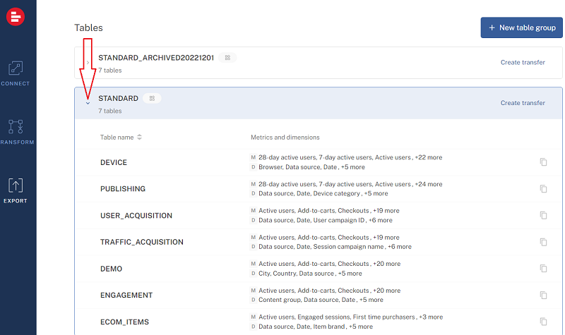 see all the data tables listed under the table group ‘STANDARD