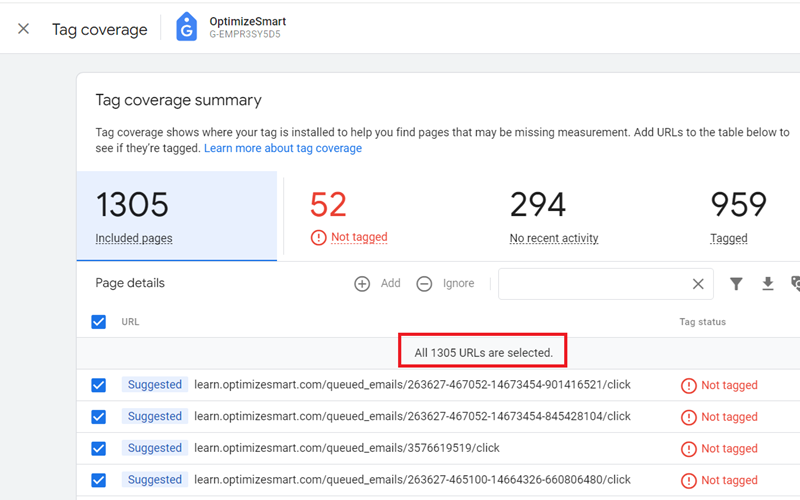 You will now see the following similar notification ‘All 1305 URLs are selected