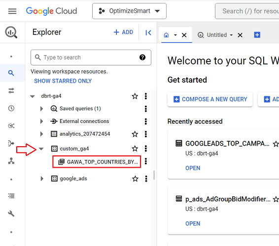 Navigate to the data table under ‘custom ga4 dataset
