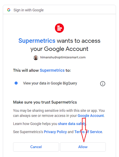 allow supermetrics to view your data in bigquery