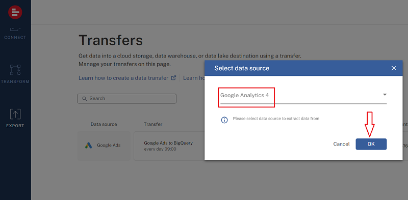Select ‘Google Analytics 4 from the data source drop down menu
