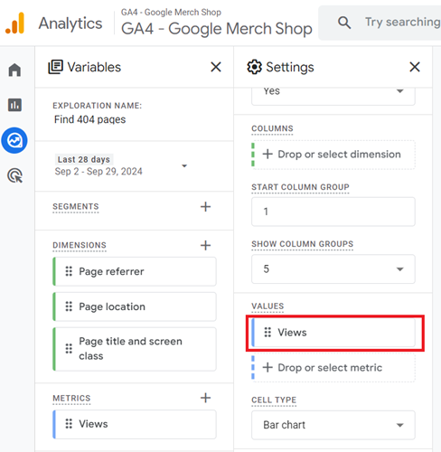 How to find 404 pages (broken links) in GA4 4 views metric ga4