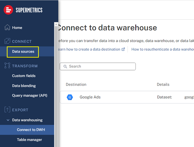 Data Sources supermetrics hub