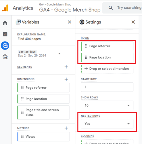 How to find 404 pages (broken links) in GA4 3 nested rows ga4