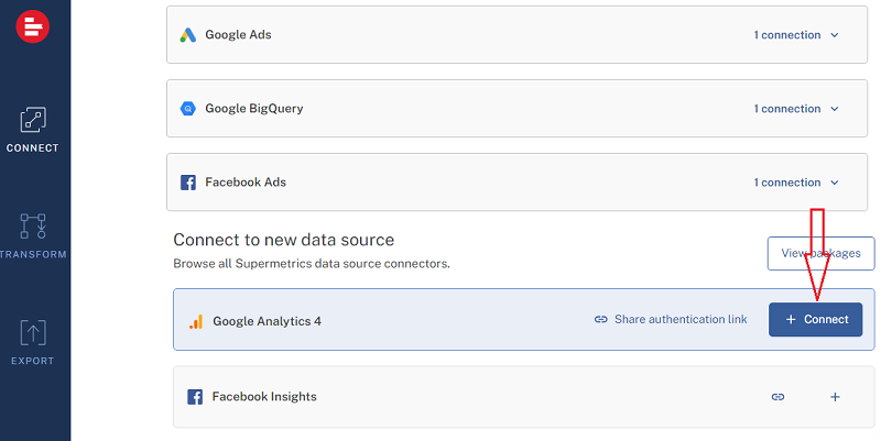 click on ‘Connect button next to ‘Google Analytics 4