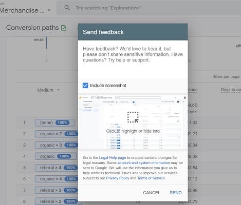 send feedback conversion paths report ga4