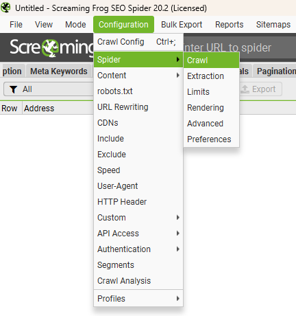 Navigate to ‘Configuration ‘Spider ‘Crawl