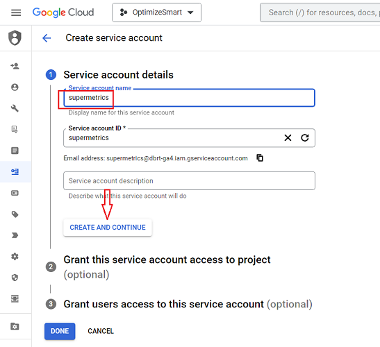 Type ‘supermetrics as the service account name 1