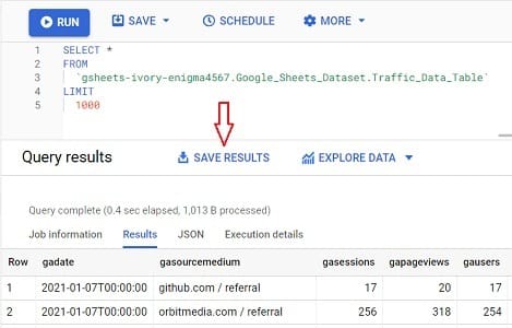 Connect and transfer data from Google Sheets to BigQuery 29 save results